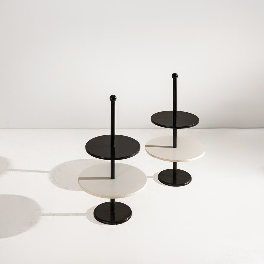 ZANOTTA: Due tavolini. Legno laminato, Legno laccato, metallo verniciato. cm 85x60x60 TWO OCCASIONAL TABLES BY ZANOTTA Buone condizioni generali. Piccole righe, leggeri graffi, normali segni di usura. Qualche