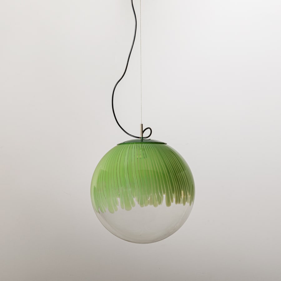 LODOVICO DIAZ DE SANTILLANA: Lampada da tavolo mod. 819 Anemone. Vetro soffiato con inclusioni di canne di color ambra, metallo verniciato. Produzione Venini, anni '60. cm 138x45x45 A TABLE LAMP BY L. DIAZ DE SANTILLANA F. De Bon