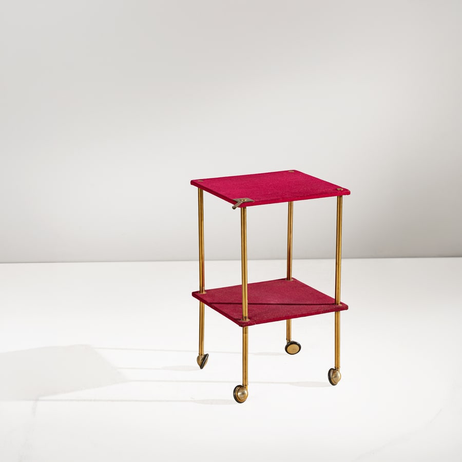 LUIGI CACCIA DOMINIONI: Carrellino mod. T9. Ottone, legno rivestito in panno. Produzione Azucena anni 0'50. cm 60x40x40 A TROLLEY BY L. C. DOMINIONI Domus 337, dicembre 1957, rassegna; Catalogo di produzione Azucena Buone