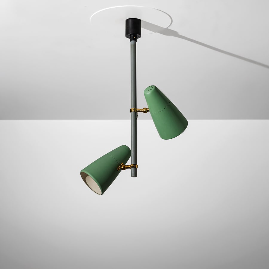 LUMEN (ATTRIB. A): Lampada a sospensione. Metallo verniciato, ottone. Italia anni '50. cm 76x50 c.a A CEILING LAMP ATTRIBUTED TO LUMEN Buone condizioni generali. Piccole righe, leggeri graffi, normali segni di usura. Pi