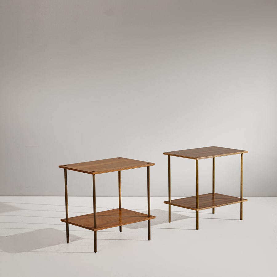 LUIGI CACCIA DOMINIONI: Due tavolini servo muto. Ottone, compensato impiallacciato in legno esotico. Produzione Azucena anni '60. cm 50x590x35; cm 50x50x36 TWO OCCASIONAL TABLES BY L. C. DOMINIONI Buone condizioni generali.