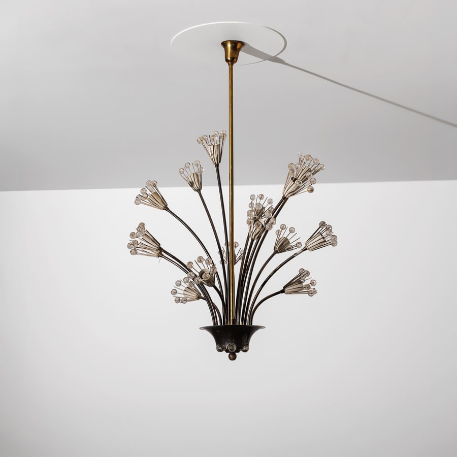 EMIL STEINER: Lampada a sospensione. Ottone, alluminio verniciato, materiale plastico. Austria anni '60. cm 100x60x60 ca. A CEILING LAMP BY E. STEINER Buone condizioni generali. Piccole righe, leggeri graffi,
