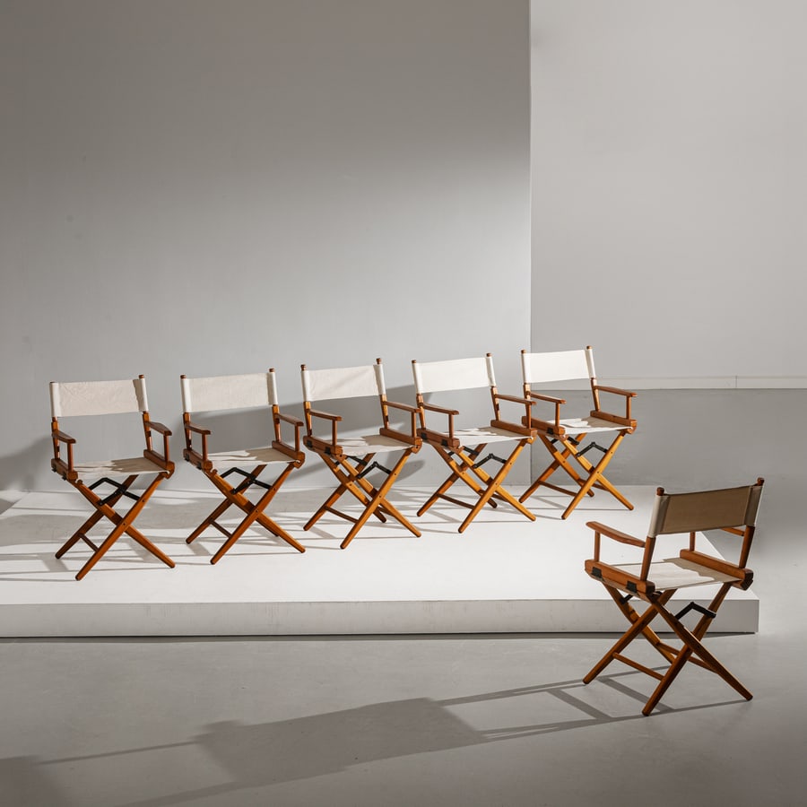 TELESCOPE USA: Sei sedie pieghevoli. Legno di ciliegio, tessuto imbottito. Grandville, NY, USA anni '80. Marcghio impresso. cm 90x54x50 SIX AMERICAN FOLDING CHAIRS BY TELESCOPE Buone condizioni generali. Piccole