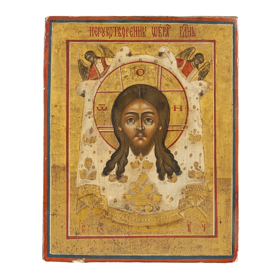 ICONA RUSSA RAFFIGURANTE IL MANDILION, XIX SECOLO: Tempera su tavola; restauri e mancanze cm 17,5x14 A RUSSIAN ICON OF THE MANDILION, 19TH CENTURY; RESTORATIONS AND LOSSES