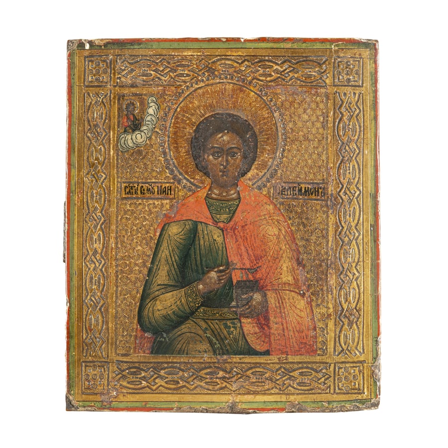 ICONA RUSSA RAFFIGURANTE S. PANTELEIMON, XIX-XX SECOLO: Tempera su tavola; restauri e mancanze cm 18x15 A RUSSIAN ICON OF ST. PANTELEIMON, 19TH-20TH CENTURY; RESTORATIONS AND LOSSES