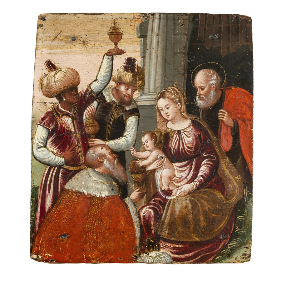 ICONA VENETO-CRETESE RAFFIGURANTE L'ADORAZIONE DEI: MAGI, XVII SECOLO Tempera su tavola; restauri e mancanze cm 31x26,5 A VENETO-CRETAN ICON OF THE ADORATION OF THE MAGI, 17TH CENTURY; RESTORATIONS AND LOSSES