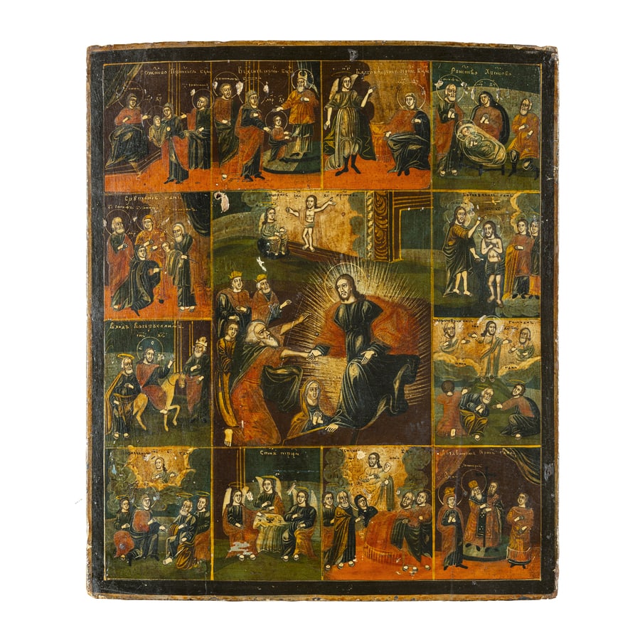 ICONA RUSSA RAFFIGURANTE LE FESTE, XIX SECOLO: Tempera su tavola; restauri e mancanze cm 36x31 A RUSSIAN ICON OF THE FEASTS, 19TH CENTURY; RESTORATIONS AND LOSSES