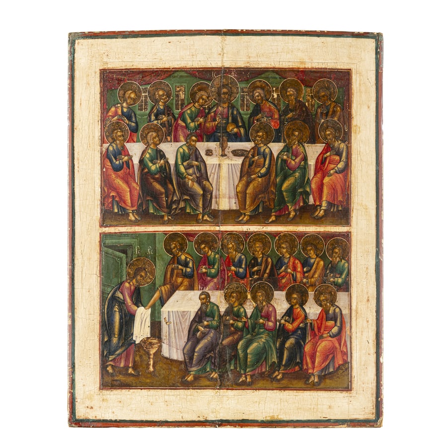 ICONA RUSSA RAFFIGURANTE L'ULTIMA CENA E LA LAVANDA: DEI PIEDI, XIX SECOLO Tempera su tavola; restauri e mancanze cm 45x36 A RUSSIAN ICON OF THE LAST SUPPER AND THE WASHING OF THE FEET, 19TH CENTURY; RESTORATIONS AND LOSSES