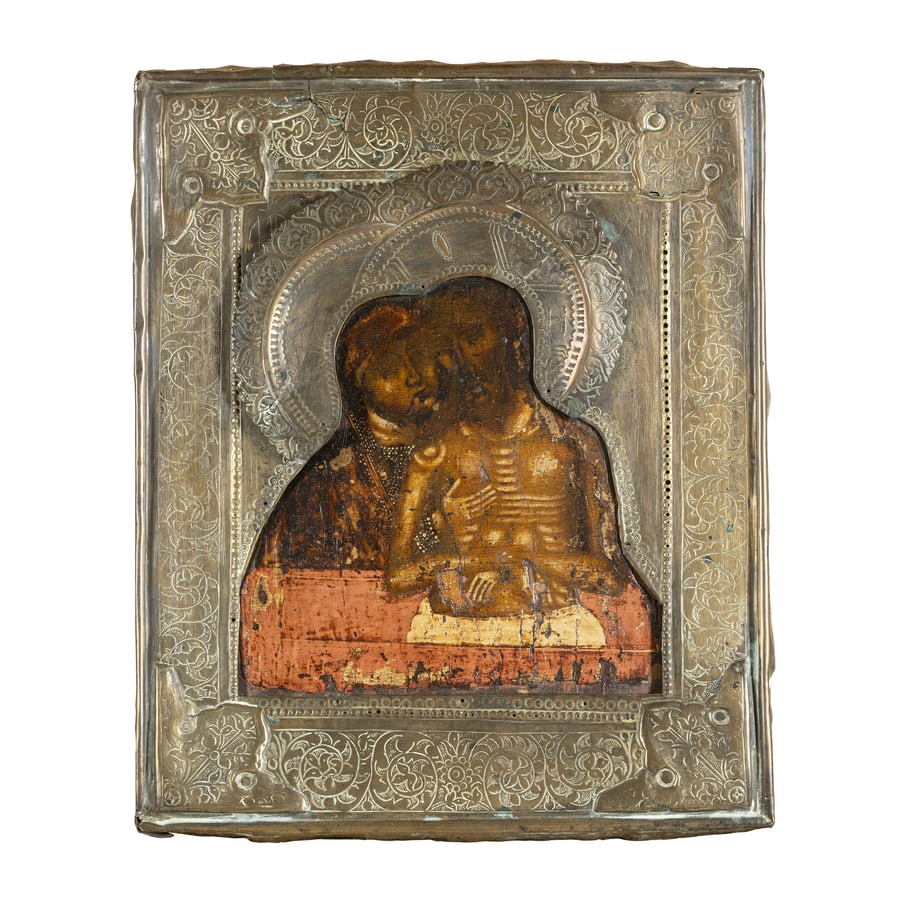 ICONA RUSSA RAFFIGURANTE NON PIANGERE SU DI ME MADRE,: CON RIZA IN METALLO, XVIII-XIX SECOLO Tempera su tavola; restauri e mancanze cm 31x26 A RUSSIAN ICON OF DON'T CRY ON ME MOTHER, WITH METAL OKLAD, 18TH-19TH CENTURY; RESTORATIONS AND LOSSES