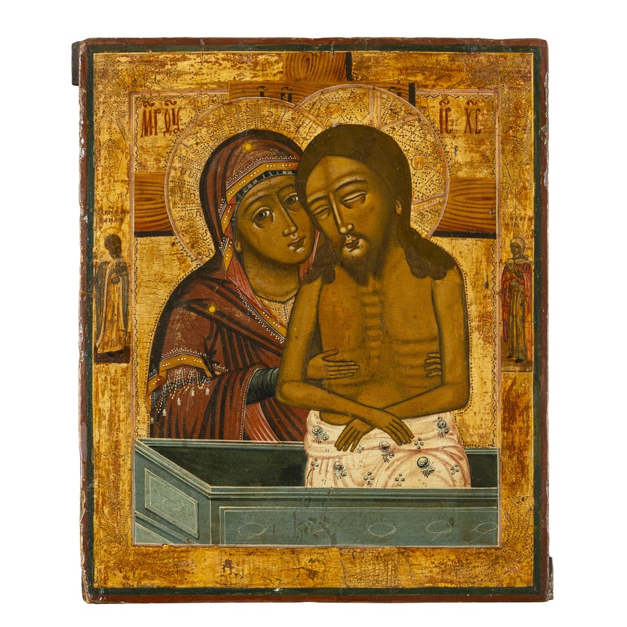 ICONA RUSSA RAFFIGURANTE NON PIANGERE MADRE, XIX SECOLO: Tempera su tavola; restauri e mancanze cm 39x32,5 A RUSSIAN ICON OF DON'T CRY FOR ME MOTHER, 19TH CENTURY; RESTORATIONS AND LOSSES