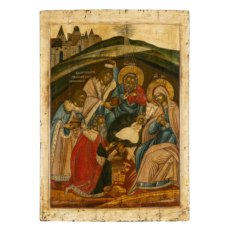 ICONA RUSSA RAFFIGURANTE L'ADORAZIONE DEI MAGI, XIX: SECOLO Tempera su tavola; restauri e mancanze cm 67x47 A RUSSIAN ICON OF THE ADORATION OF THE MAGI, 19TH CENTURY; RESTORATIONS AND LOSSES