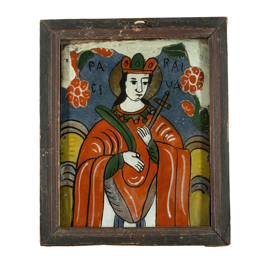 ICONA RUMENA RAFFIGURANTE LA MARTIRE PARASCHEVE,: XIX-XX SECOLO Dipinta su vetro; restauri e mancanze cm 23x18 A ROMANIAN ICON OF ST. PARASCHEVE, 19TH-20TH CENTURY; RESTORATIONS AND LOSSES