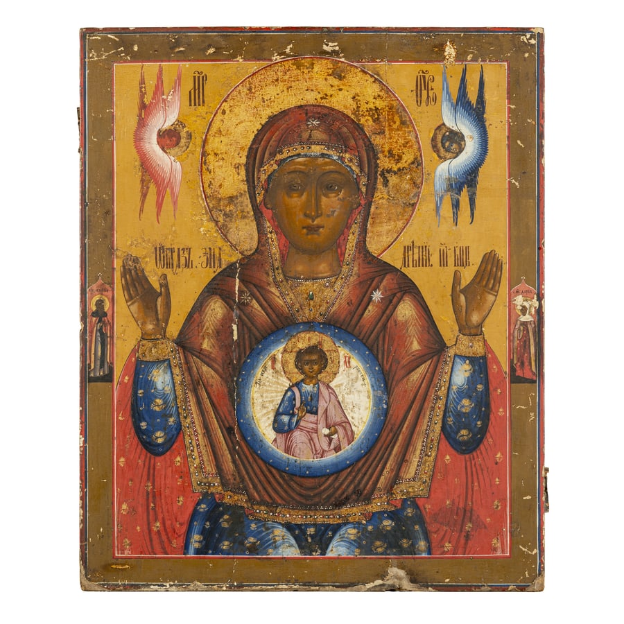 ICONA RUSSA RAFFIGURANTE LA VERGINE DEL SEGNO, XIX: SECOLO Tempera su tavola; restauri e mancanze cm 71x58 A RUSSIAN ICON OF THE VIRGIN OF THE SIGN, 19TH CENTURY; RESTORATIONS AND LOSSES