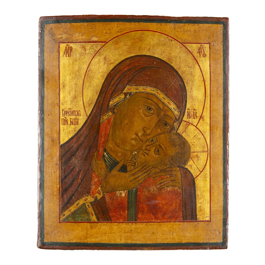 ICONA RUSSA RAFFIGURANTE LA VERGINE DI KORSUN, XIX: SECOLO Tempera su tavola; restauri e mancanze cm 34,5x29 A RUSSIAN ICON OF THE VIRGIN OF KORSUN, 19TH CENTURY; RESTORATIONS AND LOSSES