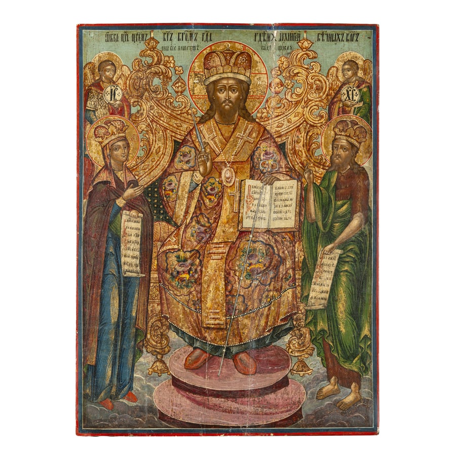 ICONA RUSSA RAFFIGURANTE LA DEESIS, XIX SECOLO: Tempera su tavola; restauri e mancanze cm 66x50 A RUSSIAN ICON OF THE DEESIS, 19TH CENTURY; RESTORATIONS AND LOSSES