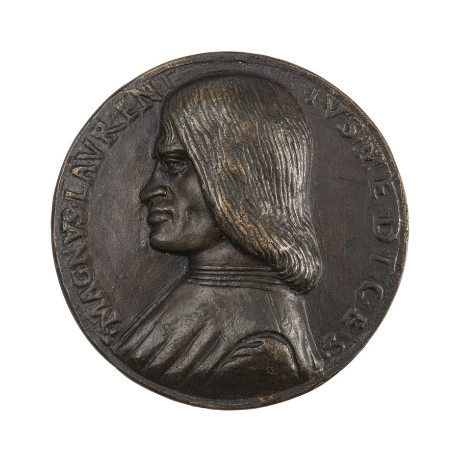 MEDAGLIE ITALIANE. LORENZO DE' MEDICI, IL MAGNIFICO: (1449-1492) Opus dal modello di Niccolò di Forzore Spinelli, detto Niccolò Fiorentino. Fusione in bronzo. 275 gr. 85 mm. D: Busto a sinistra. Intorno . MAGNVS. LAVRENTIVS. MEDICES. R: Firenz