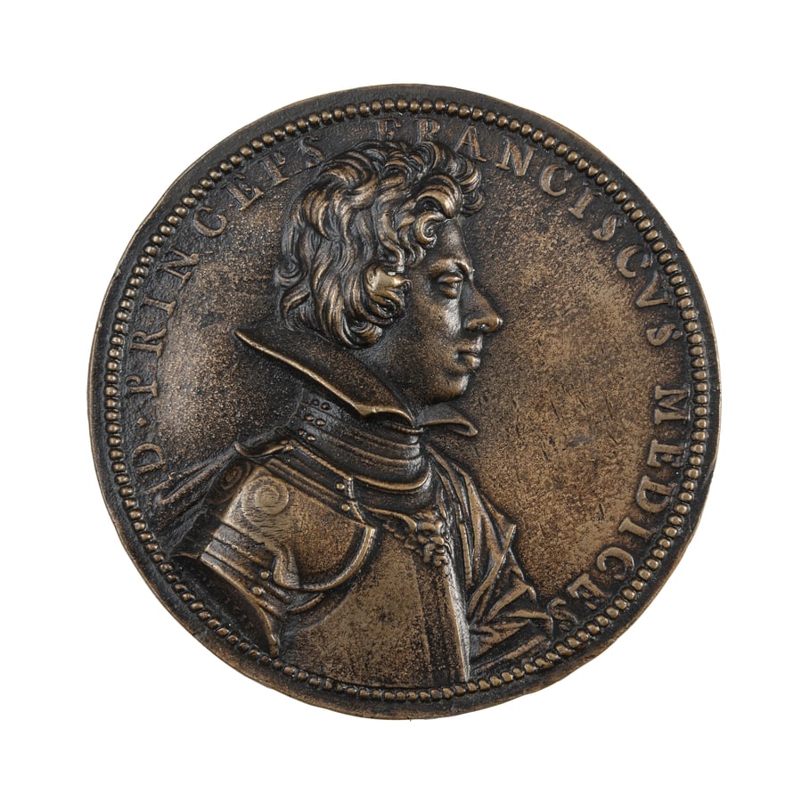 MEDAGLIE ITALIANE. FRANCESCO DE' MEDICI (1614-1634): Opus Guillaume Dupré. Fusione in bronzo 82 gr. 94 mm. D: Busto a destra, indossa ampio collare, corazza e manto. Intorno D. PRINCEPS FRANCISCVS MEDICES. Nel taglio del braccio: GDP 1613. R: In ca