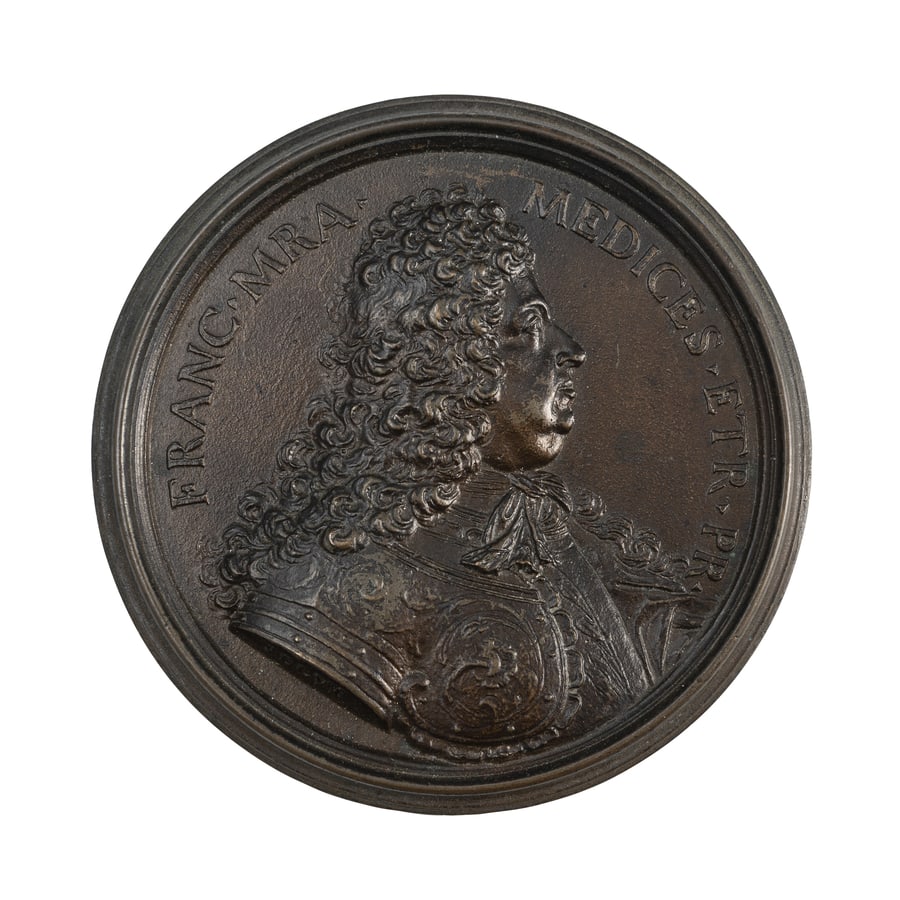 MEDAGLIE ITALIANE. FRANCESCO MARIA DE' MEDICI: (1660-1711) Opus Antonio Selvi. Serie Medicea Uniface. Fusione in bronzo 190 gr. 92 mm. D: Busto corazzato a destra con lunga parrucca riccioluta e mantello drappeggiato sulla spalla sinistra. Intorno