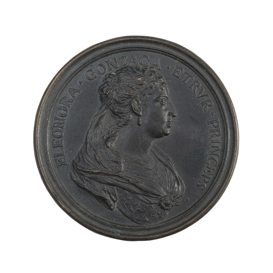 MEDAGLIE ITALIANE. ELEONORA GONZAGA (1685-1741): Opus Antonio Selvi. Serie Medicea. Fusione in bronzo 153 gr. 86 mm. D: Busto a destra con veli ricadenti dalla nuca e fermati sul petto con un gioiello. Intorno ELEONORA. GONZAGA. ETRVR. PRINCEPS. R: 