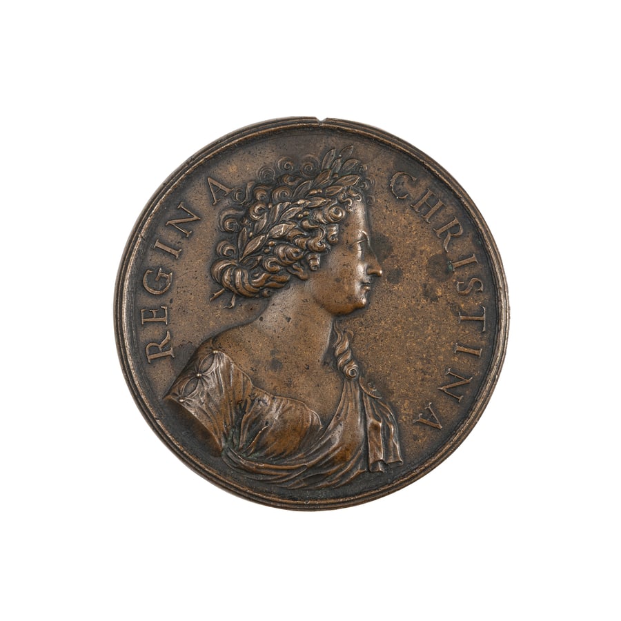MEDAGLIE ITALIANE. CRISTINA DI SVEZIA (1626-1689): REGINA (1632-1654) Opus Massimiliano Soldani-Benzi. Fusione in bronzo 94 gr. 62 mm. D: Busto laureato a destra con tunica e mantello drappeggiato sulla spalla sinistra. Intorno REGINA CHRISTINA R: Una