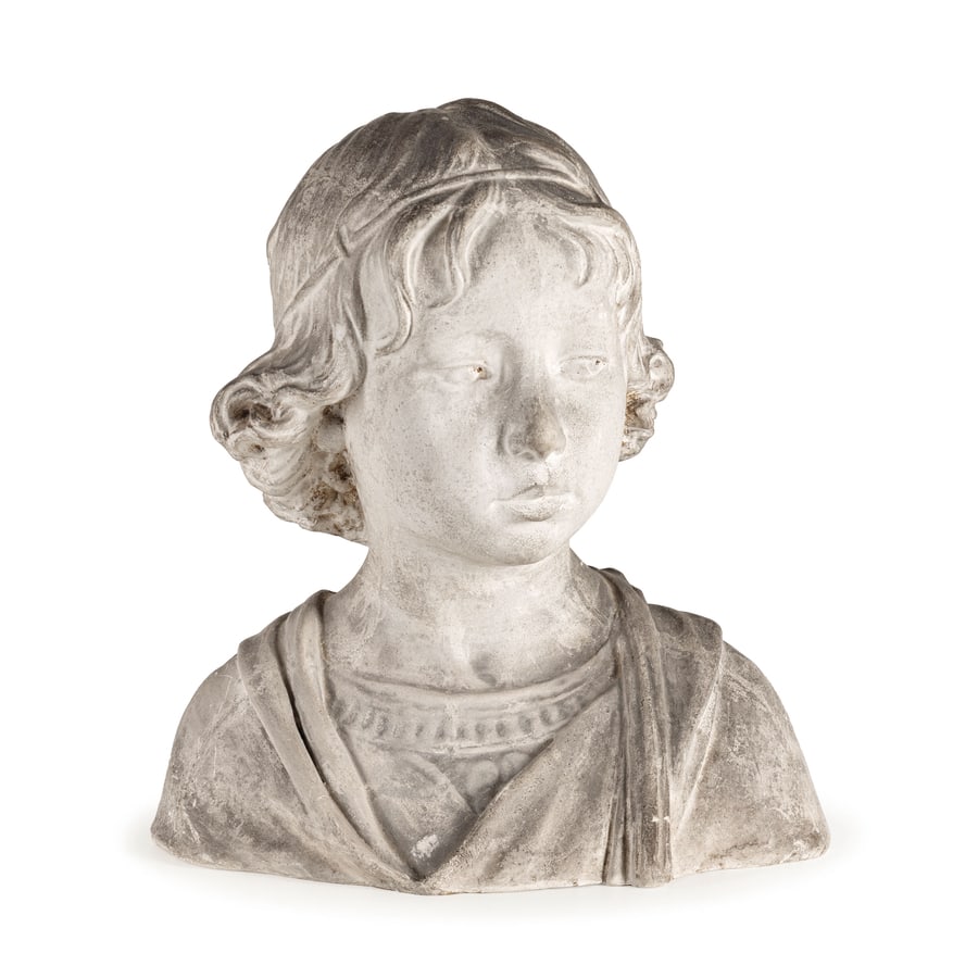 FIGURA IN GESSO, XX SECOLO: raffigurante busto di fanciullo tratto da modelli rinascimentali; difetti, alcune sbeccature e mancanze, tracce di sporco Cm 34X31X19 A BUST OF BOY FROM A RENAISSANCE MODELS, 20TH CENTURY; DEFECTS, SO