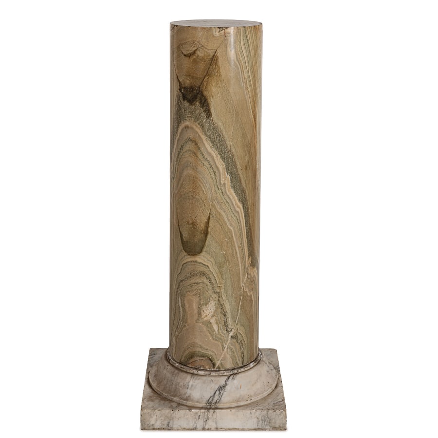 COPPIA DI COLONNE IN MARMO CIPOLLINO, XVIII-XIX SECOLO: in stile classico, poggianti su basi in marmo bianco venato staccabili; difetti, sbeccature, graffi, mancanze ai bordi, alcuni restauri, le basi con mancanze Cm 98X27 Totale, cm 112X41X41 A PAIR OF MA