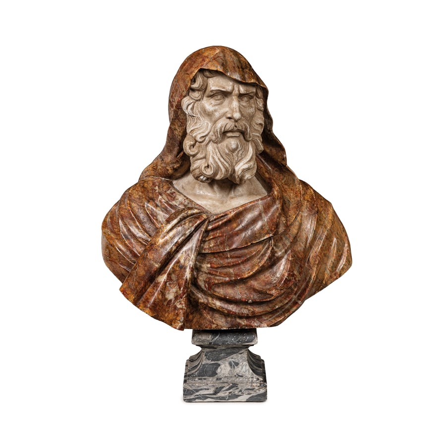 SCULTURA IN MARMI DIVERSI, XVIII-XIX SECOLO: raffigurante busto virile forse allegorico dell'Inverno, poggia su basamento antico in marmo diverso; difetti, alcune sbeccature e mancanze, graffi e tracce di sporco, la base staccabile Cm 65X62X40 A