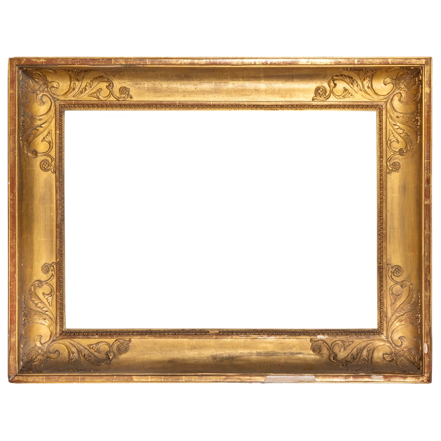 COPPIA DI CORNICI IMPERO IN LEGNO E PASTIGLIA DORATA,: XIX SECOLO decoro fogliato negli angoli; difetti, rotture e mancanze nella doratura, sbeccature, restauri Cm 102,5X79 Luce, cm 54,5X78 A PAIR OF PASTIGLIA AND GILTWOOD FRAMES, 19TH CENTURY; DEFECTS, D