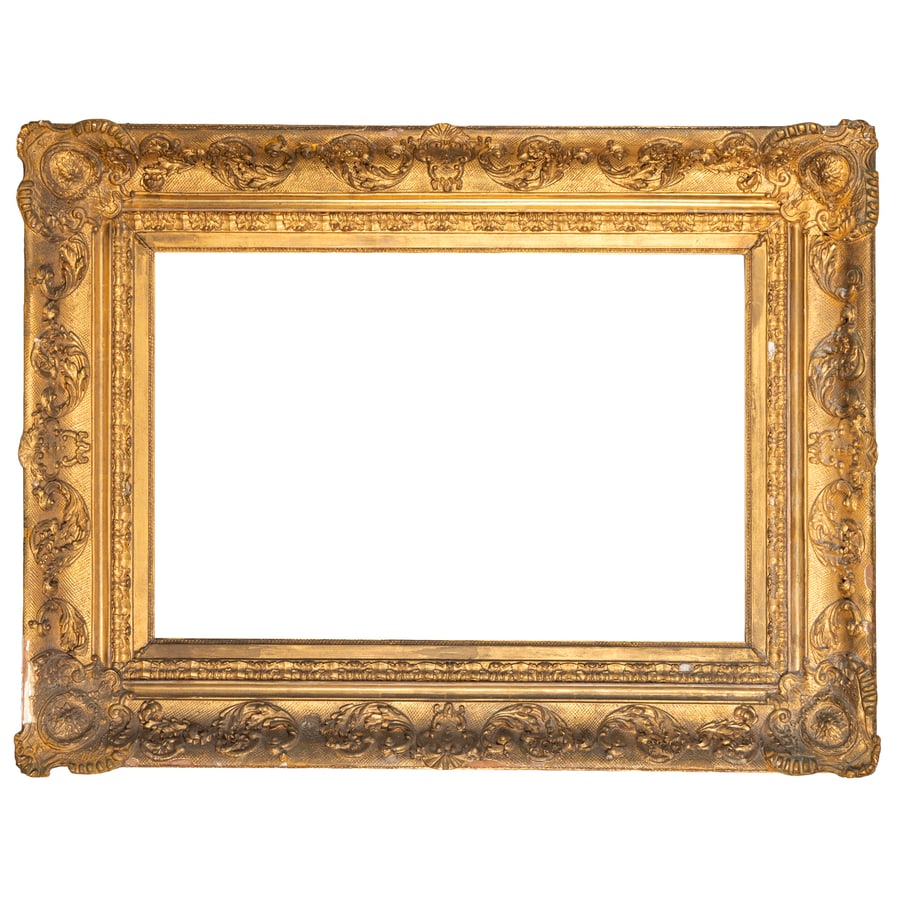 CORNICE IN LEGNO E PASTIGLIA DORATA, FRANCIA, XIX: SECOLO in stile Luigi XIV e decoro floreale a rilievo; difetti, rotture e mancanze nei fregi, restauri Cm 80,5X106 (fascia cm 13) Luce, cm 48X74 Battuta, cm 50,5X76 A PASTIGLIA AND GILTWOOD FRAME, FRA