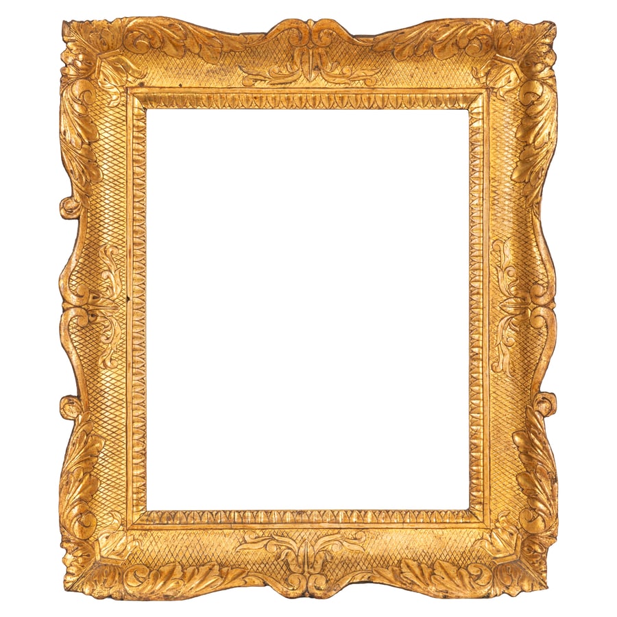 CORNICE IN LEGNO DORATO, XIX SECOLO: decoro naturalistico su fondo inciso; difetti, minori rotture ai bordi e agli angoli, restauri, poche tracce di tarlo Cm 50,5X43 Luce, cm 35X26 Battuta, cm 37X30 A GILDED WOOD FRAME, 19TH CENTURY; DEF