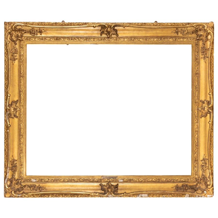 CORNICE IN LEGNO DORATO E PASTIGLIA, XIX SECOLO: ricco decoro floreale a rilievo; difetti, alcune rotture e mancanze nei fregi e restauri Cm 120X142 (fascia, cm 15) Luce, cm 89X111 Battuta, cm 92X115 A PASTIGLIA AND GILTWOOD FRAME, 19TH CENTURY; DEF