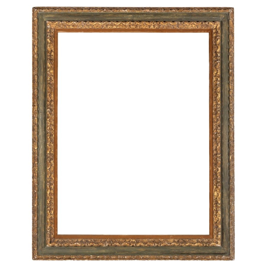 GRANDE CORNICE IN LEGNO LACCATO E DORATO, XIX SECOLO: i profili con palmette continue; difetti, cadute e mancanze nella decorazione, ammaccature diffuse, restauri, la battuta in velluto non pertinente Cm 159X127 (fascia cm 14) Luce, cm 131X99 Battuta, cm