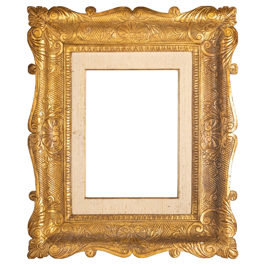 CORNICE IN LEGNO DORATO, XIX SECOLO: decoro floreale su fondo inciso; difetti, alcune rotture e mancanze nei fregi esterni, sbeccature, restauri e il passe-partout non pertinente Cm 88,5X73 Luce, cm 57X42,5 Battuta, cm 61X46 A GILTWOOD F