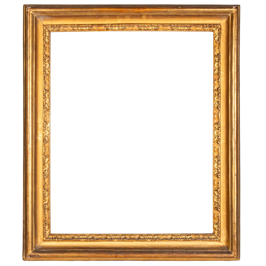 CORNICE IN LEGNO DORATO, XIX SECOLO: profilo interno a palmette continue; difetti, alcune rotture e mancanze nei bordi, mancanze nella doratura, restauri e poche tracce di tarlo Cm 85X72,5 Luce, cm 66,5X53,5 Battuta, cm 69,5X56 A GILTWOO