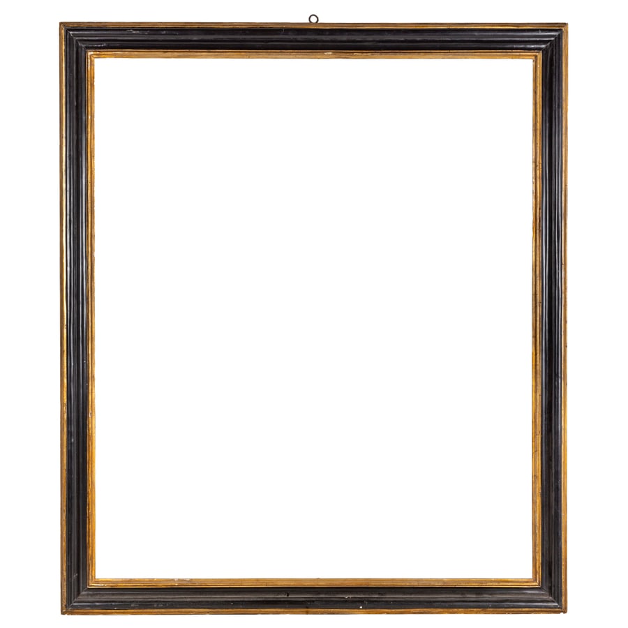 GRANDE CORNICE IN LEGNO EBANIZZATO E DORATO, XX SECOLO: in stile settecentesco; minori difetti, poche mancanze e restauri Cm 146,5X127 Luce, cm 127,5X108,5 Battuta, cm 129,5X111 A LARGE EBONIZED GILTWOOD FRAME, 20TH CENTURY; MINOR DEFECTS, LOSSES AND RESTO