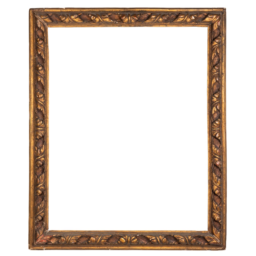 CORNICE IN LEGNO DORATO, XVII SECOLO: percorsa da elementi fogliati continui; difetti, rotture agli angoli e mancanze nella doratura, restauri, poche tracce di tarlo Cm 108X89 Luce, cm 90X70,5 Battuta, cm 96X74,5X2,5 A GILTWOOD FRAME, 17T