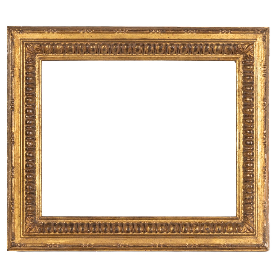 CORNICE IN LEGNO DORATO, XVIII-XIX SECOLO: con baccelli interni; difetti, mancanze nella doratura, restauri, possibile modifica e stratificazione nel telaio Cm 40X47 Luce, cm 27,5X34,5 Battuta, cm 29X36 A GILDED WOOD FRAME, 18TH-19TH CENTURY-D