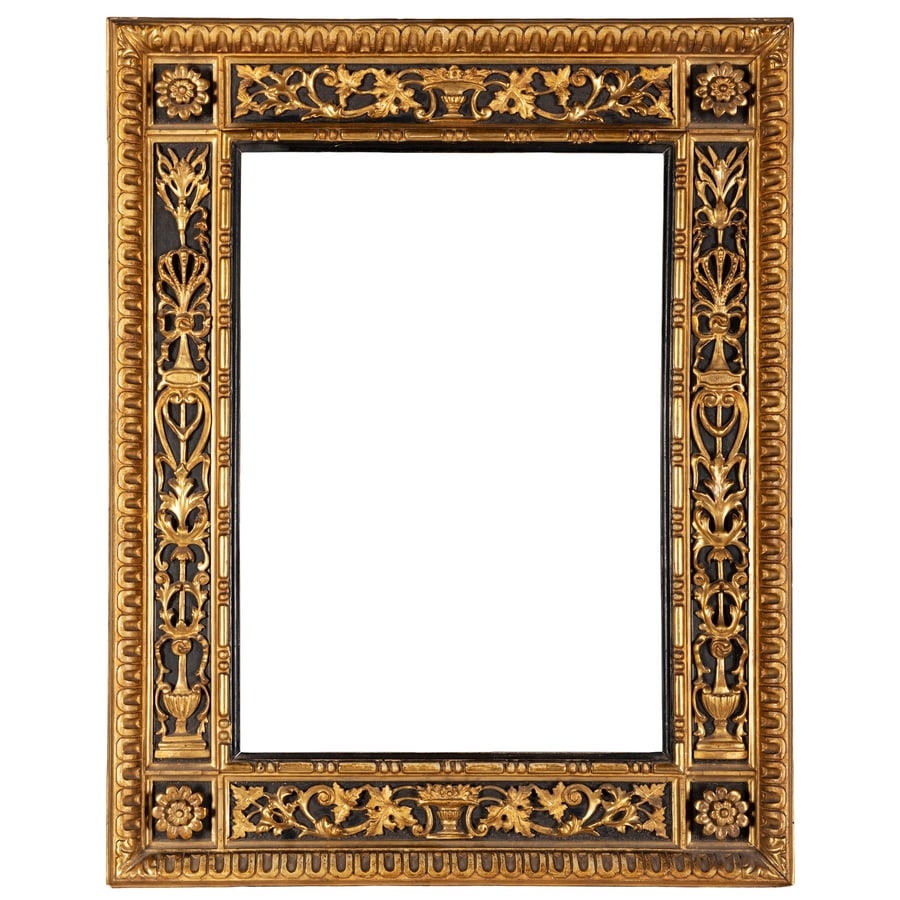 CORNICE IN LEGNO EBANIZZATO E DORATO, XIX SECOLO: fascia percorsa da candelabre applicate e rosette agli angoli; difetti, minori sbeccature, poche mancanze, restauri, la battuta leggermente allargata Cm 72,5X57,5 Luce, cm 49,5X35 Battuta, cm 52X37 AN