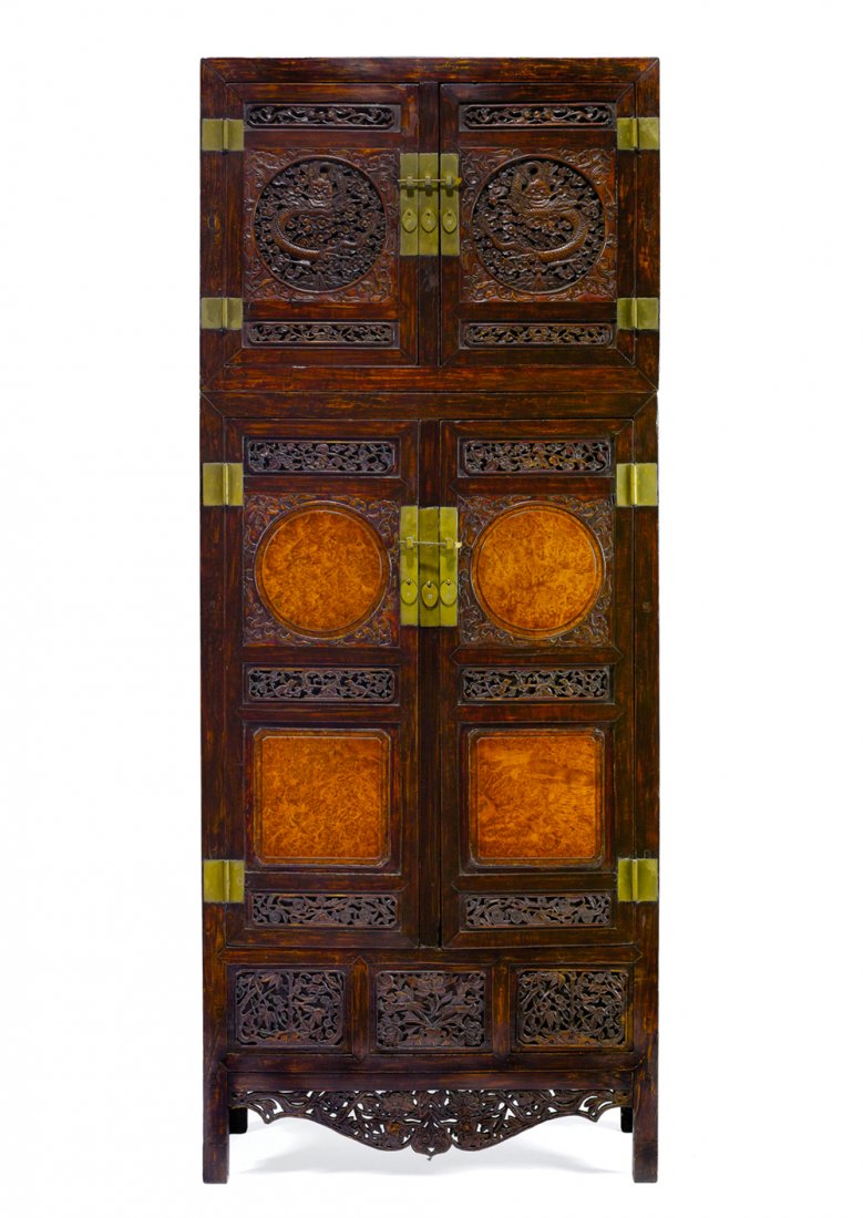 A LARGE CARVED WOOD COMPOUND CHEST ON CABINET, CHINA, (1 of 1)