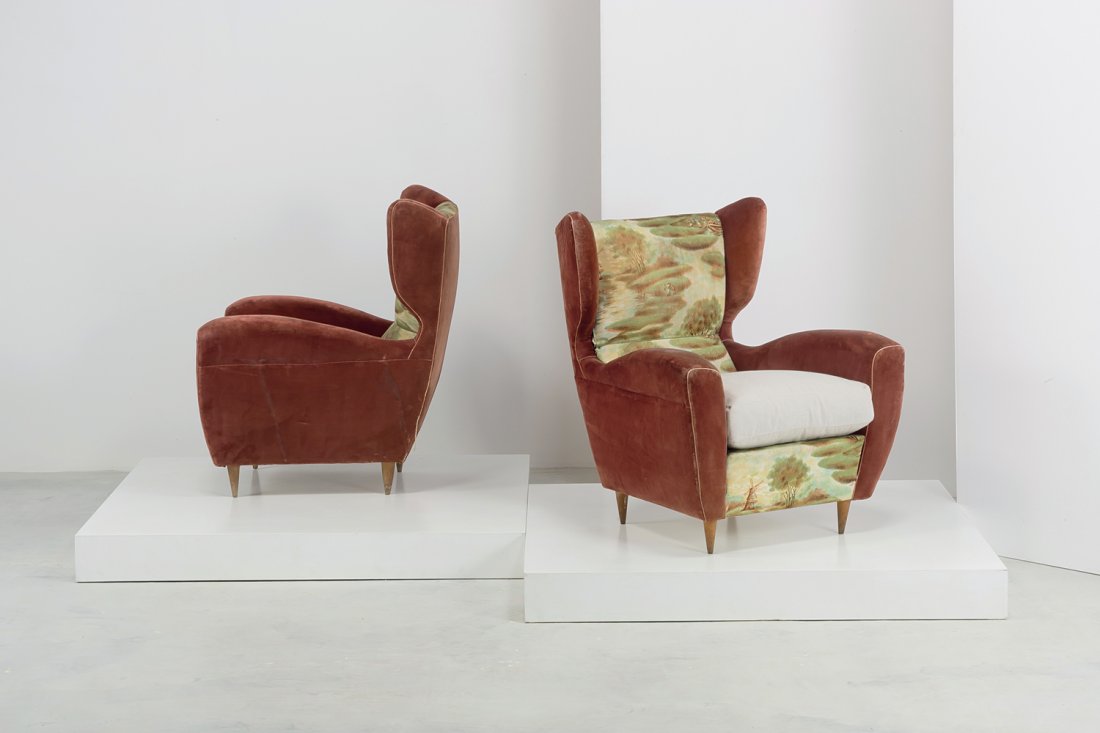 RENATO ANGELI & CLAUDIO OLIVIERI (2): A PAIR OF ARMCHAIRS BY R. ANGELI & C. OLIVIERI Coppia di poltrone anni â€˜50. Legno, tessuto imbottito cm 100x80x72 Bibliografia: â€œStileâ€ nÂ° 9, settembre 1946