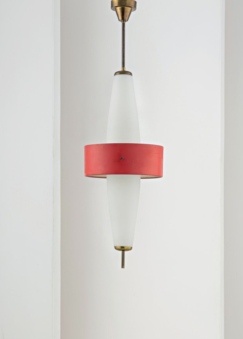 ANGELO BROTTO: A CEILING LAMP BY A. BROTTO Lampada a sospensione, Esperia anni â€˜50. Ottone, alluminio verniciato, vetro opalino satinato cm 104x34
