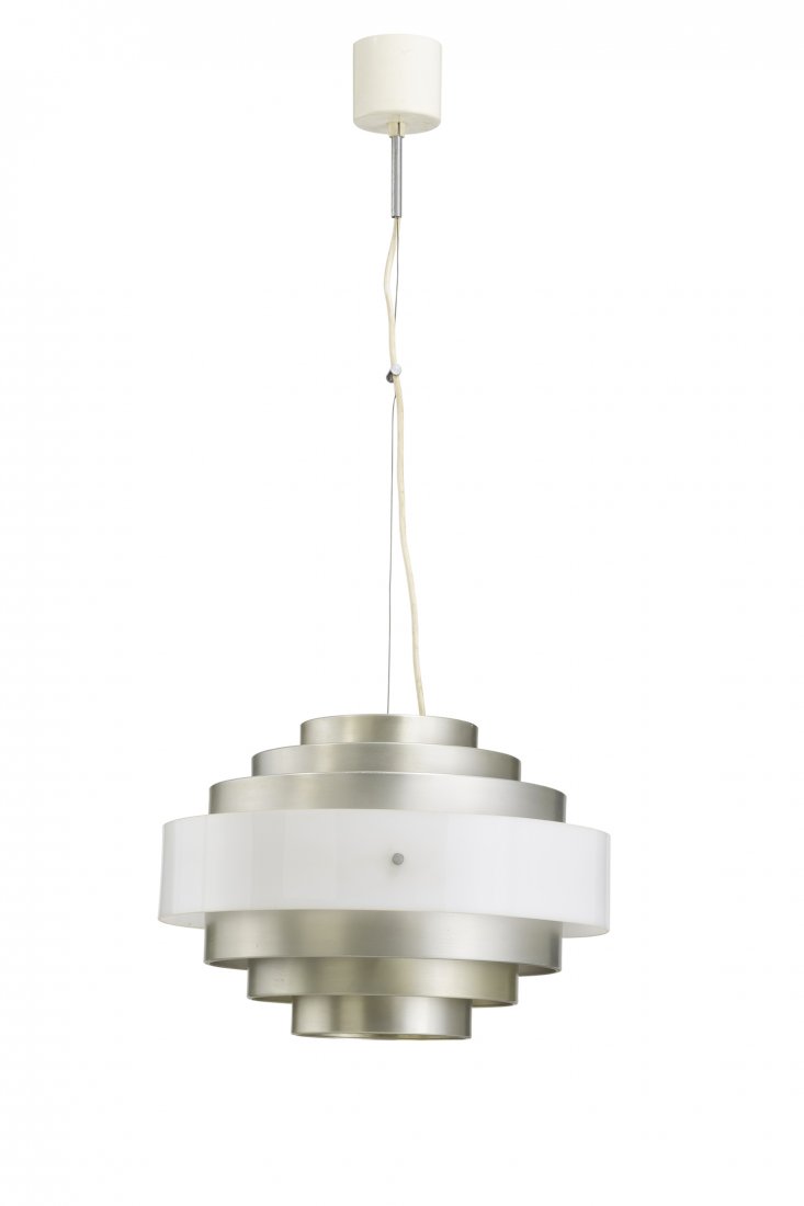 A CEILING LAMP BY ESPERIA: A CEILING LAMP BY ESPERIA - Lampada a sospensione anni '60. Alluminio verniciato, perspex - Etichetta della manifattura - cm 90x40