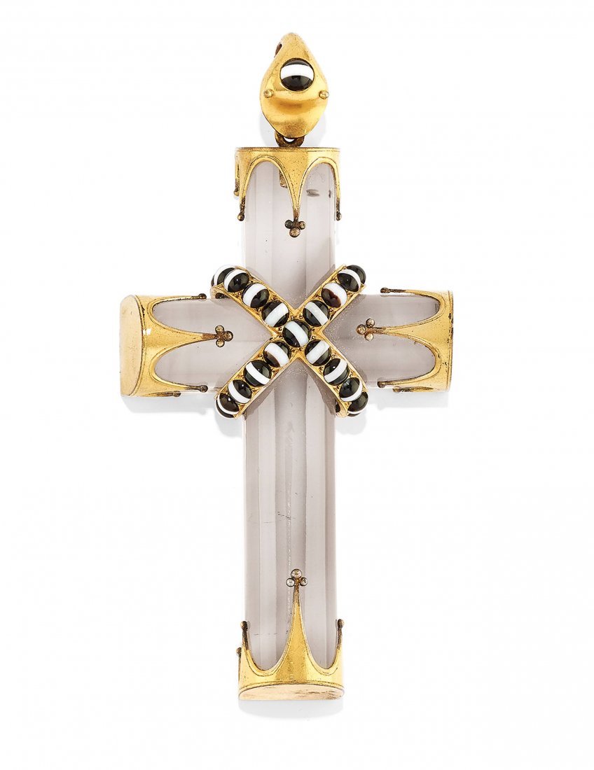 PENDENTE IN METALLO DORATO, CRISTALLO DI ROCCA E AGATA, (1 of 1)