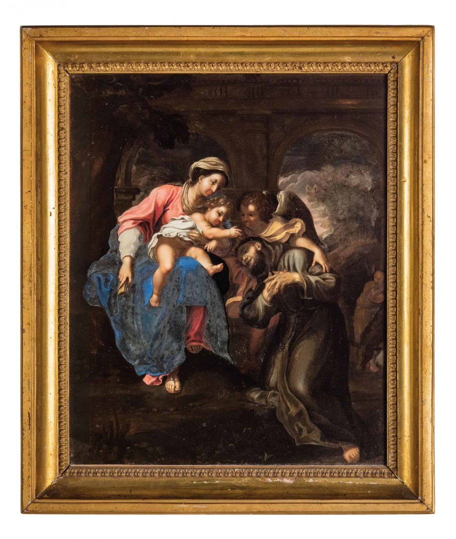 PITTORE DEL XVII-XVIII SECOLO: Madonna con il Bambino, angelo e San Francesco Olio sotto vetro, cm 34X27 Il dipinto propone una delle immagini piË˜ note di Annibale Carracci realizzate a Roma. L'originale su rame (cm 46,8x37,2),