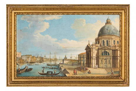 VINCENZO CHILONE: (Venezia, 1758 - 1839) Veduta di Santa Maria della Salute e il Bacino di San Marco Gouache su tela, cm 26X42 Provenienza: Marchesi Guidi di Fermo e di Montalto Bibliografia: A. Salerno, 'Pittori di ve