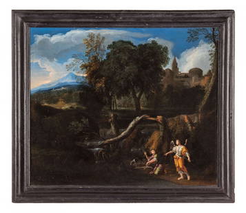 GIOVANNI FRANCESCO GRIMALDI: (Bologna, 1605/1606 - 1680) Paesaggio ideale con Tobia e l'Angelo Olio su tela, cm 54X64 Il dipinto presenta interessanti spunti qualitativi e corrispondenze stilistiche con due importanti maestri