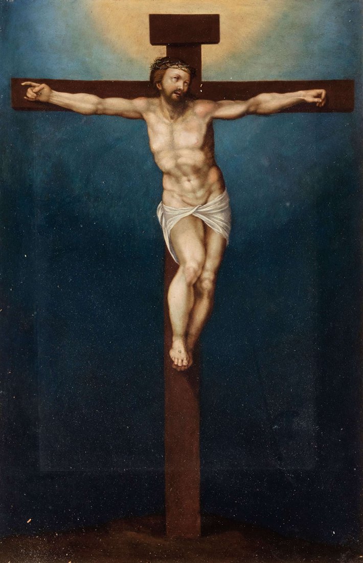 MARCELLO VENUSTI (attr. a): (Como, 1512 - Roma, 1579) Crocifissione Olio su rame, cm 48X31 Di origini lombarde, Marcello Venusti noto quale allievo di Perin del Vaga a Roma, ma fu Michelangelo a forgiarne lo stile. Le sue creazi