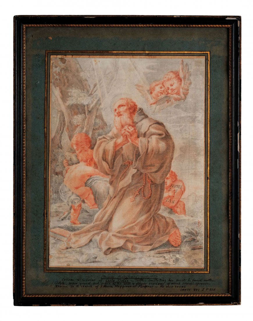 ONORIO MARINARI (attr. a): (Firenze, 1627 - 1715) Figura di Santo Iscritto in basso: Onorio Marinari Sanguigna e matita nera su carta, cm 39X28