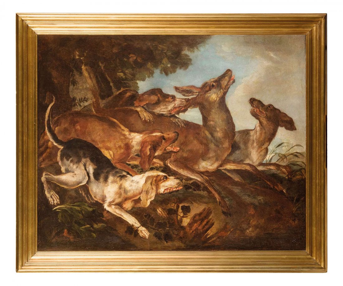 GIOVANNI CRIVELLI detto IL CRIVELLINO: (Milano ?, 1680/90 - Parma, 1760) Scena di caccia al daino Olio su tela, cm 106X135 Bibliografia: F. Arisi, Crivellone e Crivellino, Piacenza 2004, p. 464, n. 150, tav. 150, p. 560 Soggetto frequentat