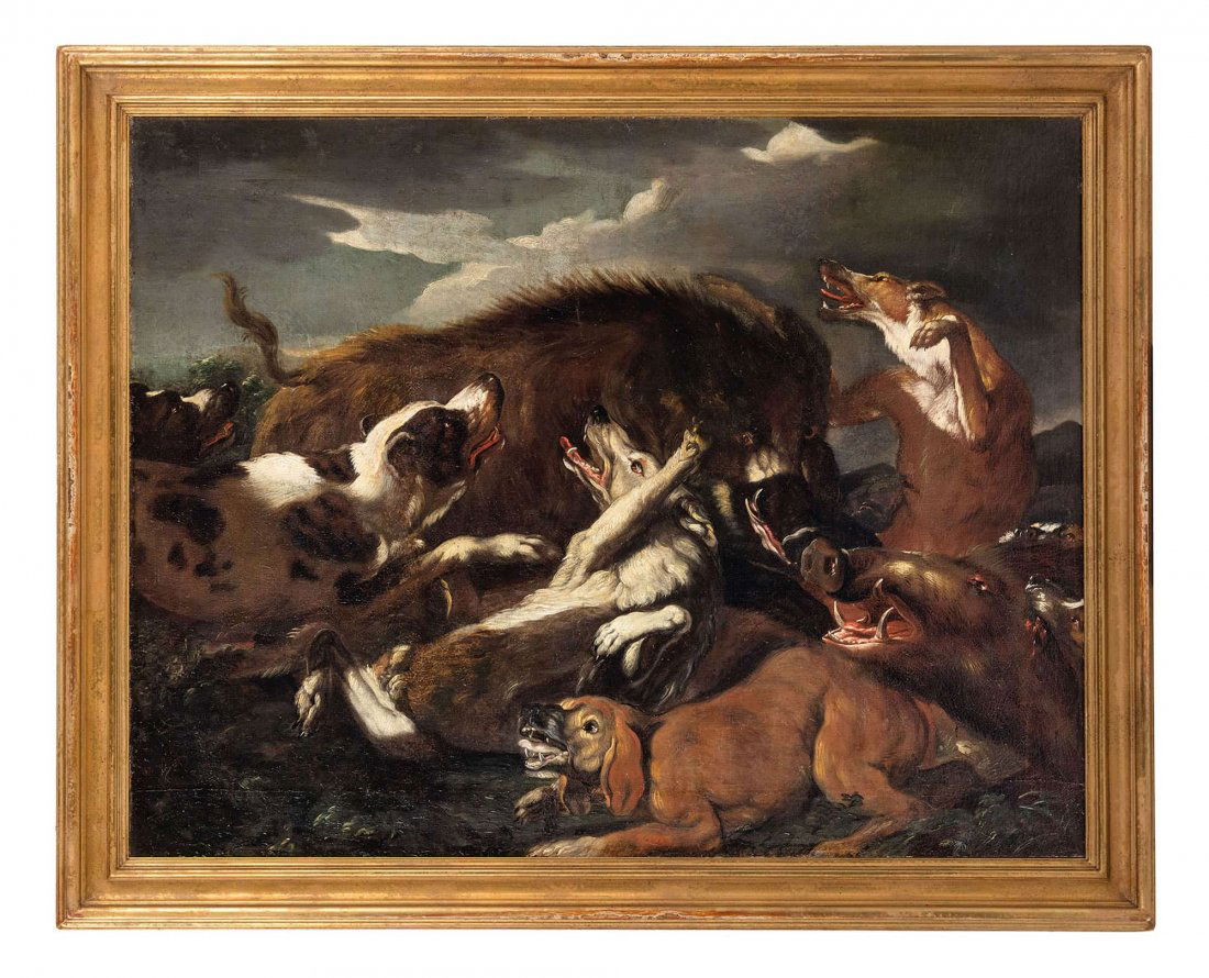 ANGELO MARIA CRIVELLI detto IL CRIVELLONE: (Milano, notizie dal 1662-1730 circa) Scena di caccia al cinghiale Olio su tela, cm 80,7X103 Bibliografia: F. Arisi, Crivellone e Crivellino, Piacenza 2004, p. 125, n. 42, tav. 42, p. 152 Appare evide